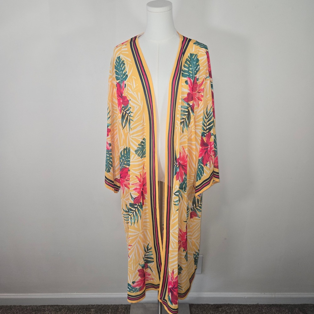 Jealous Tomato Kimono Duster Women 1X Yellow Tropical Floral Palm Relaxed